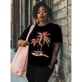 thumbnail image 3 of Women's T-Shirt Orange Summer Palm Trees Beach Short Sleeve Casual Tee Classic Crew Neck T Shirt for Women Black, S, 3 of 7