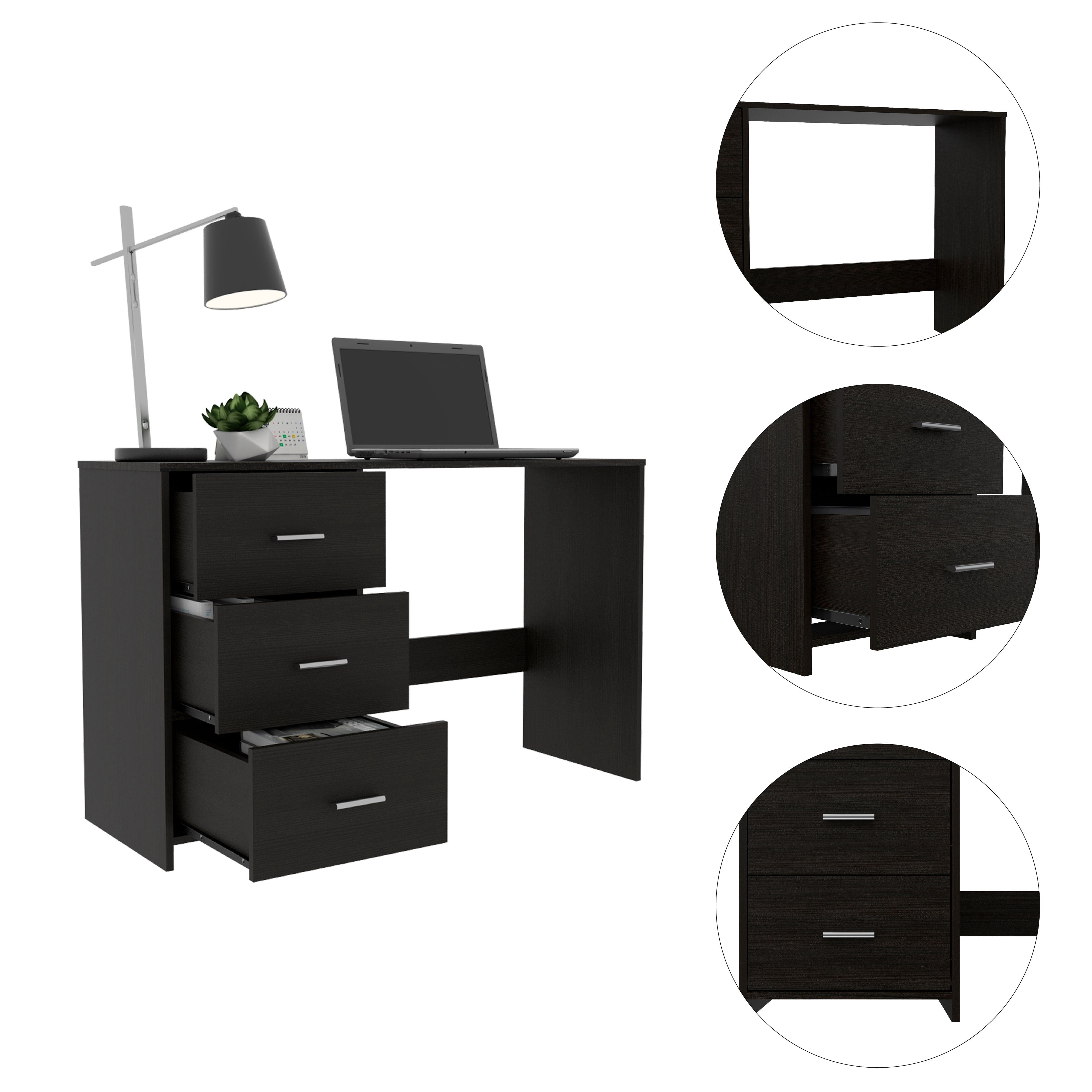 Asteroutdoor Berlin Three Drawers Desk, 47.5 in W, Engineered Wood, Black