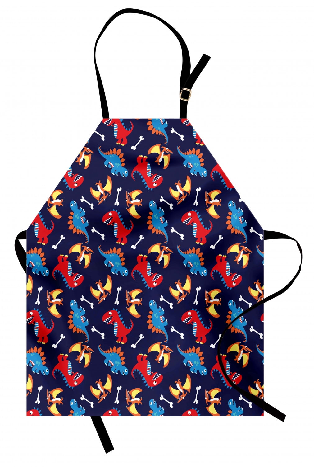 Dinosaur Apron Three Different Cartoon Dinosaurs Funny Expressions and Bones Kids Theme, Unisex Kitchen Bib Apron with Adjustable Neck for Cooking Baking Gardening, Navy Blue Orange Red, by Ambesonne