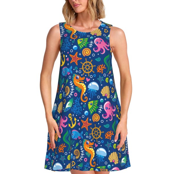Easygdp Sea Fish para Vestido Transpirable de Mujer, Vestido Suelto de Manga Corta con Pliegues y Bolsillos para el Verano