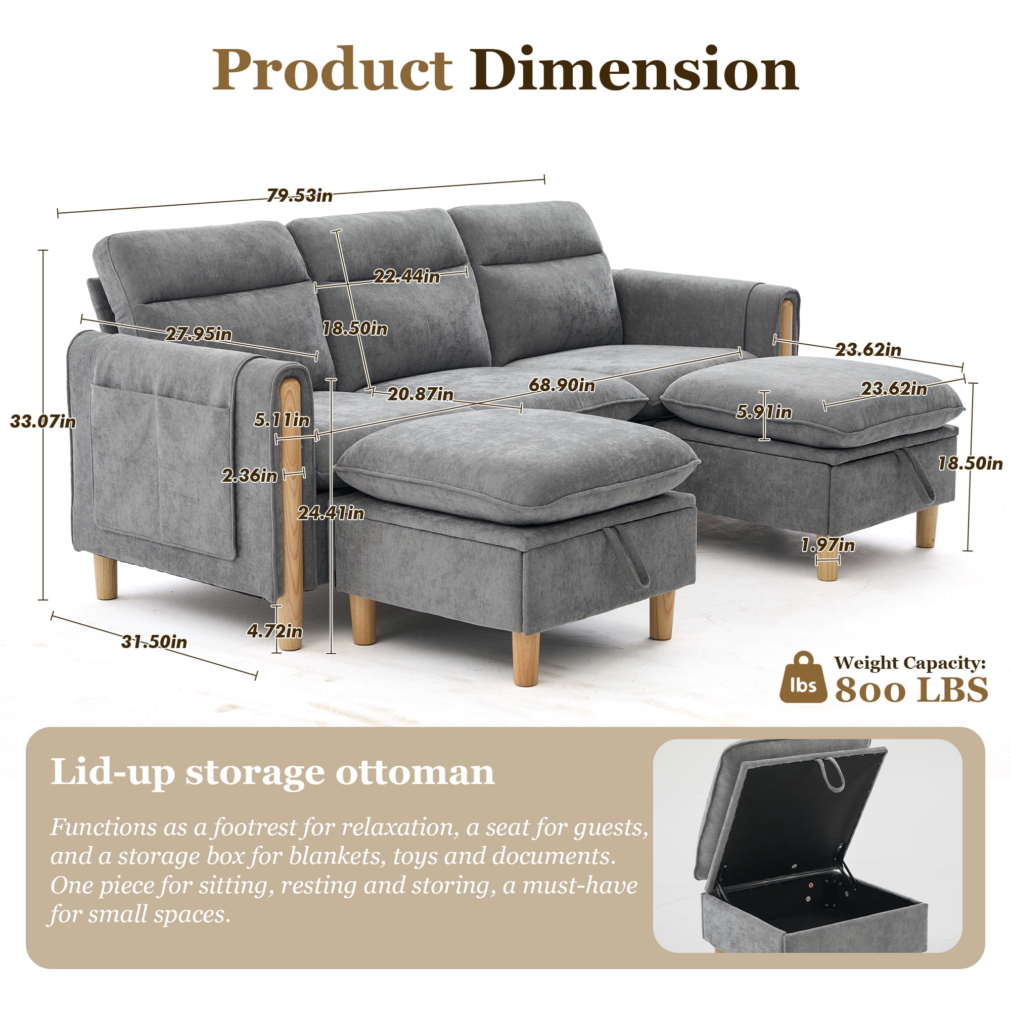 MOONMISS 3-Seater Chenille Sectional Sofa with 2 Storage Ottoman & Side Pocket Convertible Chaise Lounge for Living Room,Gray