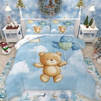 Homewish Cute Cartoon Bear Full Size Comforter Sets,Polka Dots Ballon Bedding Comforter Set,Blue Brown Bedding Sets For Boys Teens,Breathable Home Decor Reversible,3 Pieces