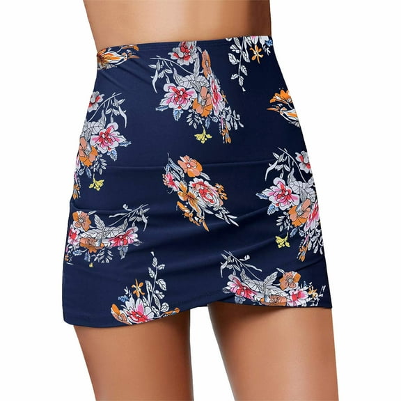 GEWSEY Women's 14" Swim Skirt with Pockets High Waisted Tummy Control Bathing Suit Swimsuit Skirt Modest Tankini Bottoms Navy, XL