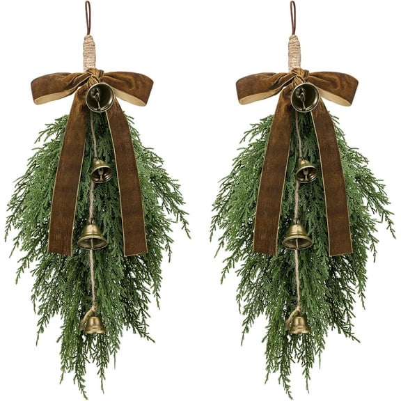 AHeartcove 2 Pack Christmas Greenery Cedar Teardrop Swag with Velvet Ribbon Bow and Rustic Vintage Bells - Artificial Swag Wreath for Tree Outdoor Front Door Farmhouse Home Wall Mantle Decor(Khaki)