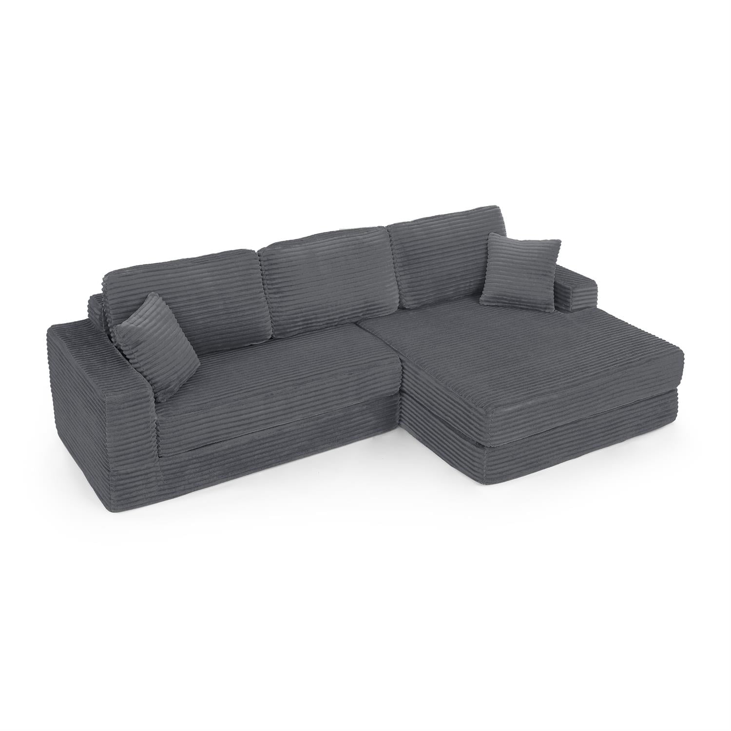 Demi Bonn 111" L Shaped Modular Sectional Sofa, Modern Corduroy Couch with Comfy Right Seat, Unfolds into Bed for Living Room, Gray