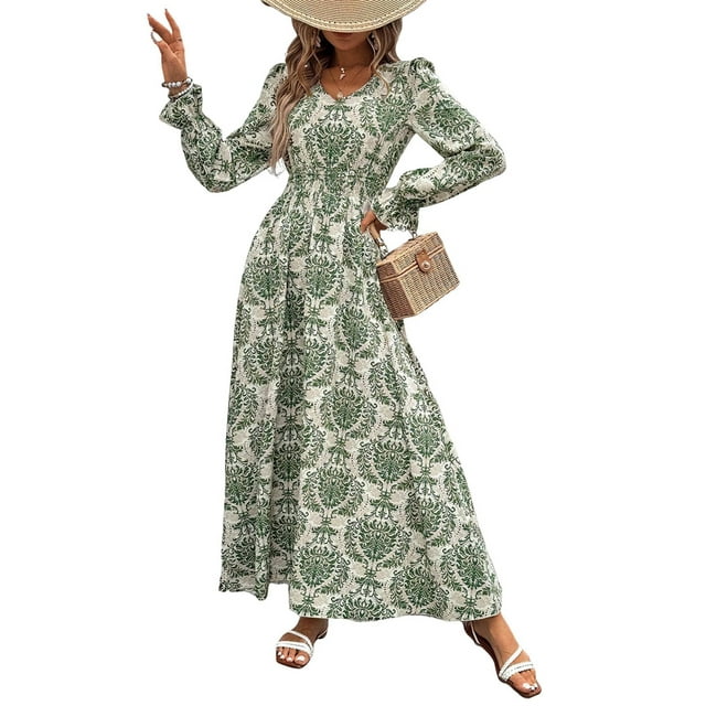 Robe Maxi à Imprimé Floral pour Femmes, Col en V, Manches Longues, Enveloppante, Décontractée, Automne, Plage, Verte, P