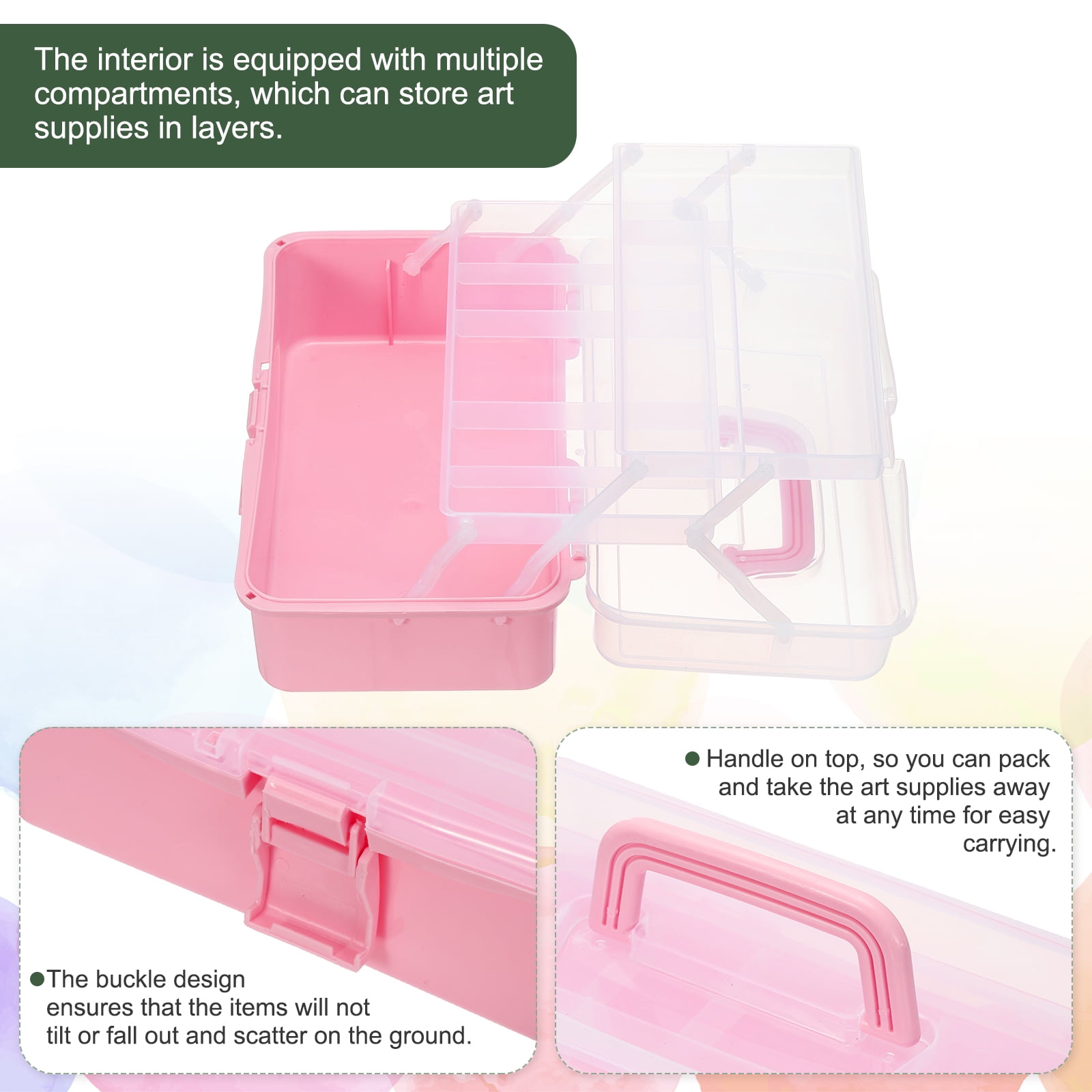 Uxcell Art Supply Storage Organizer, 3-Tray Craft Tool Box Art Supplies Organizer with Handle Buckle for Brushes Paints Stamps, Dark Pink