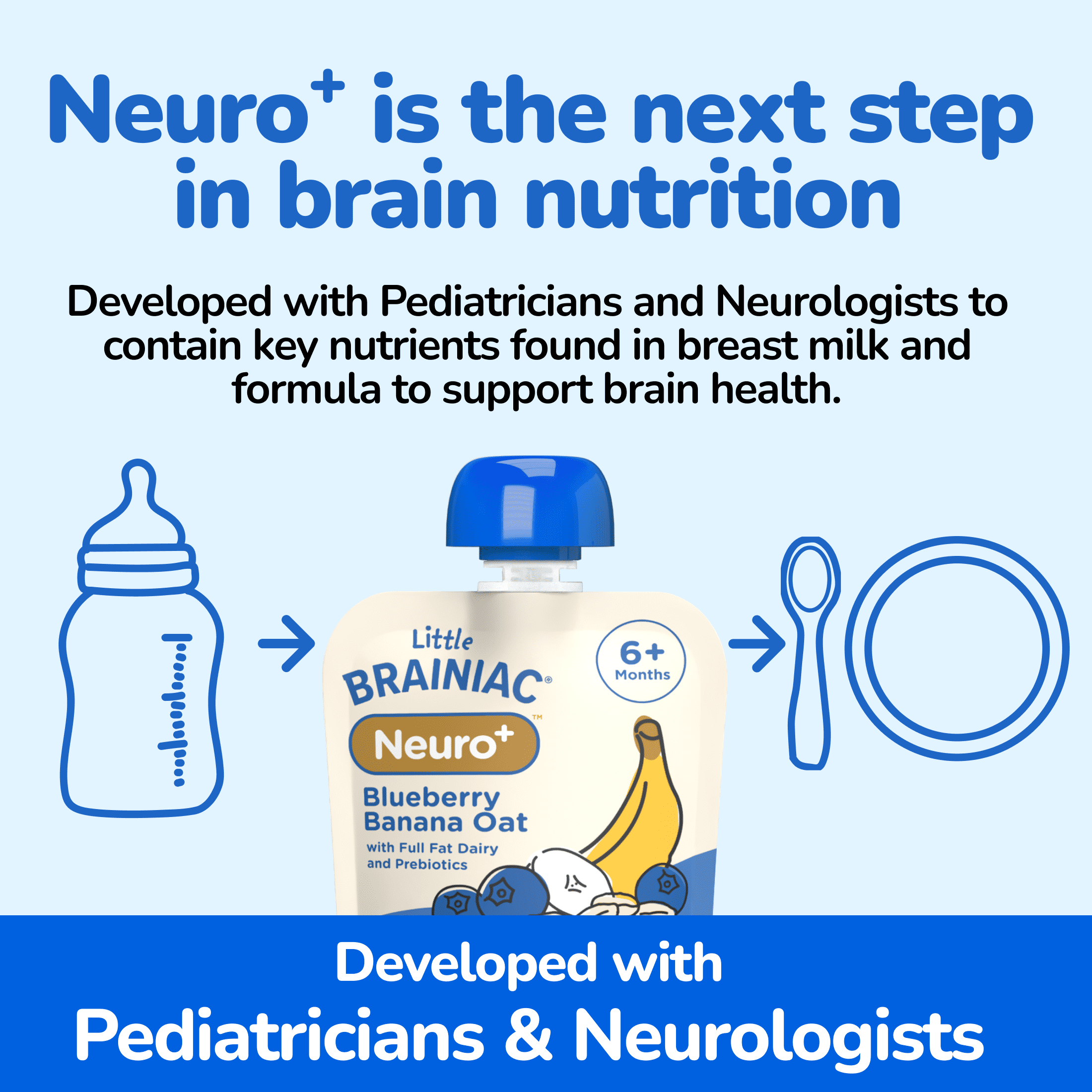 Little Brainiac Neuro+ Smoothie Baby Food Pouch with Omega-3s and Prebiotics, Blueberry Banana Oat, 3.5oz, 6ct