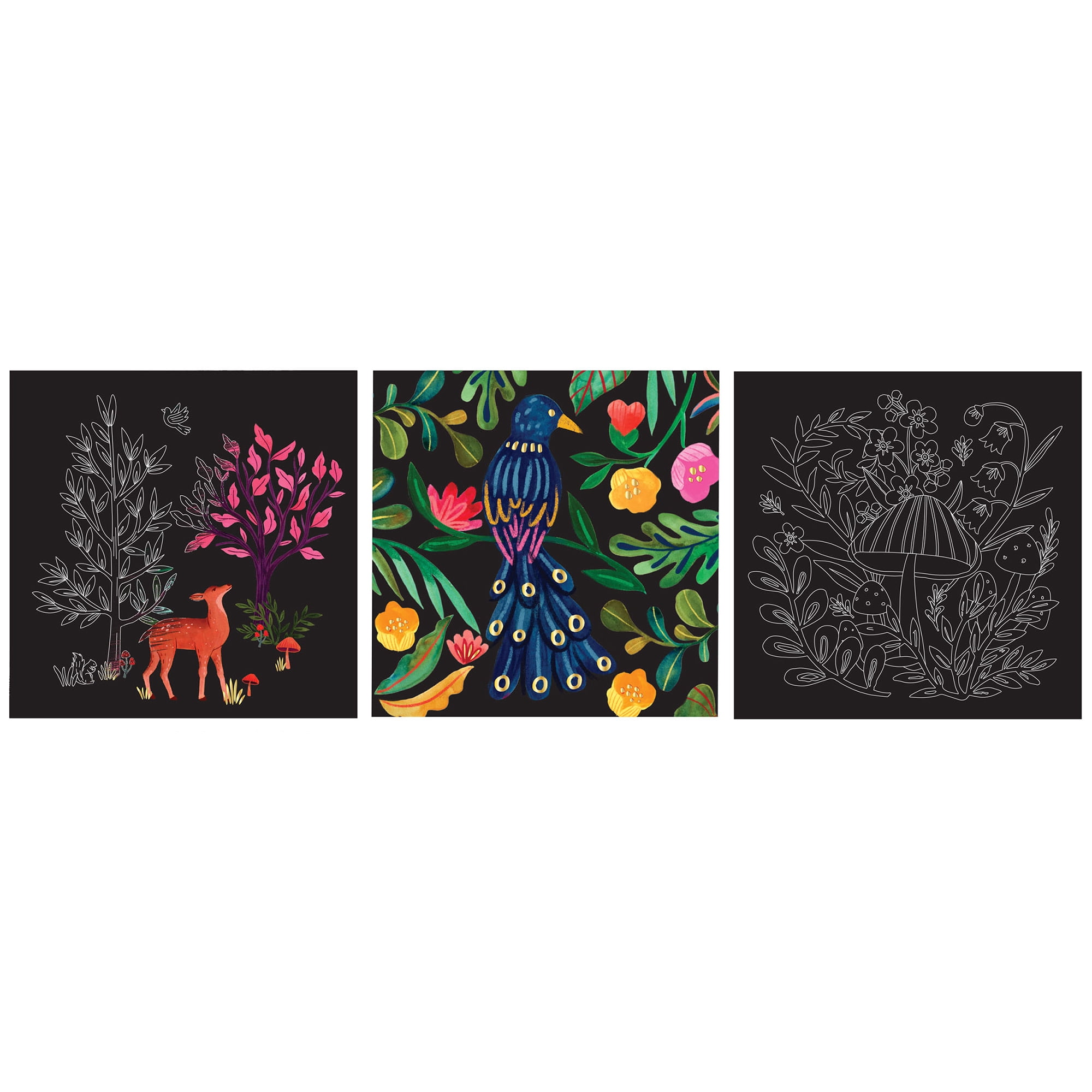 Brea Reese: Scratch Art Paper Pad - Woodland - 12 Sheets, 6 Guided Nature Designs, Metallic Accents, Dual-Tip Stylus & Brush, 8x8" Pages, Adult Craft
