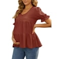 thumbnail image 4 of INSPIRE CHIC Women's Maternity Blouses Boho Ruffled V Neck Button Short Sleeve Tiered Shirts Flowy Loose Casual Tops M Brown, 4 of 6