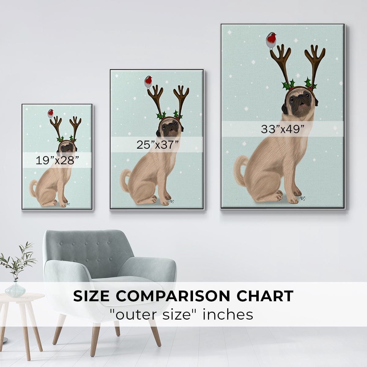 Christmas Pug with Antlers and Robin - Framed Gallery Wrapped Holiday Canvas - 25 x 37 - White Frame