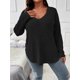 thumbnail image 2 of Camiseta holgada de polar de manga larga con cuello en V y color liso de otoño e invierno para mujer de talla grande, 2 of 6