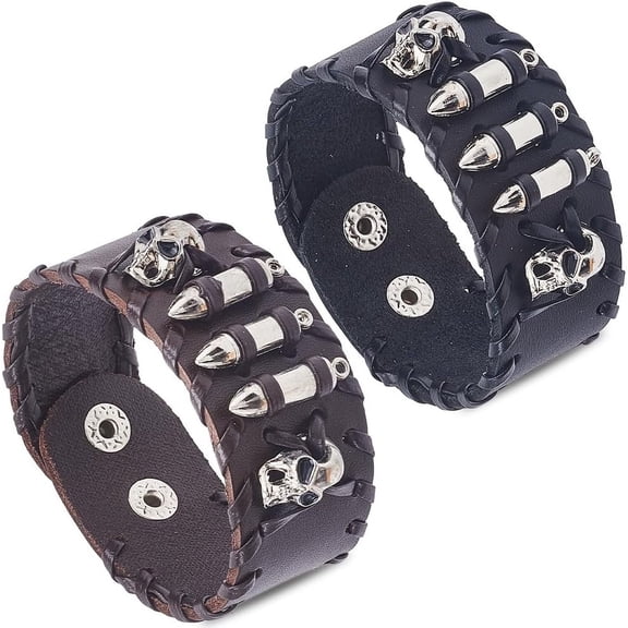 2 Colors Men's Wide Cuff Wristband Genuine Leather Punk Bracelet Bangle Wristbands Halloween Adjustable Boho Chic Rock Motorbike Wide Belt Leather Bracelet