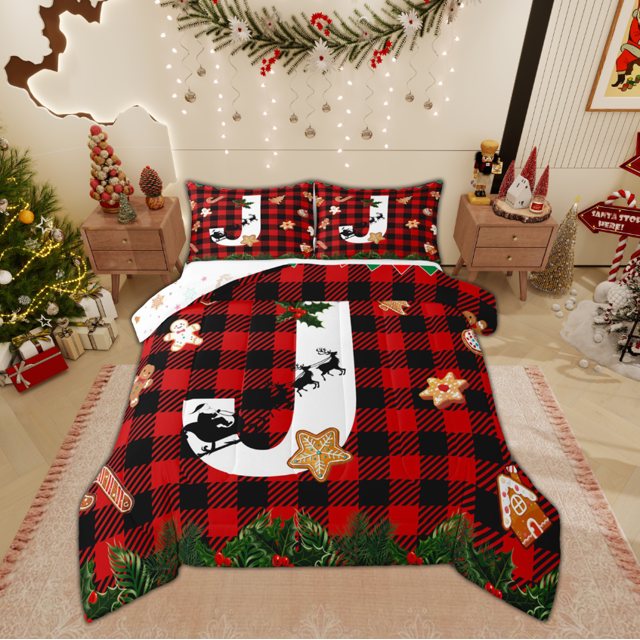 Manfei Ensemble de Douillette Lettre J Initiale pour Enfants, Ensembles de Douillette Simple Buffle Noir Rouge, Ensemble de Literie Réversible Joyeux Noël, Décor de Chambre en Microfibre, 2 Pcs