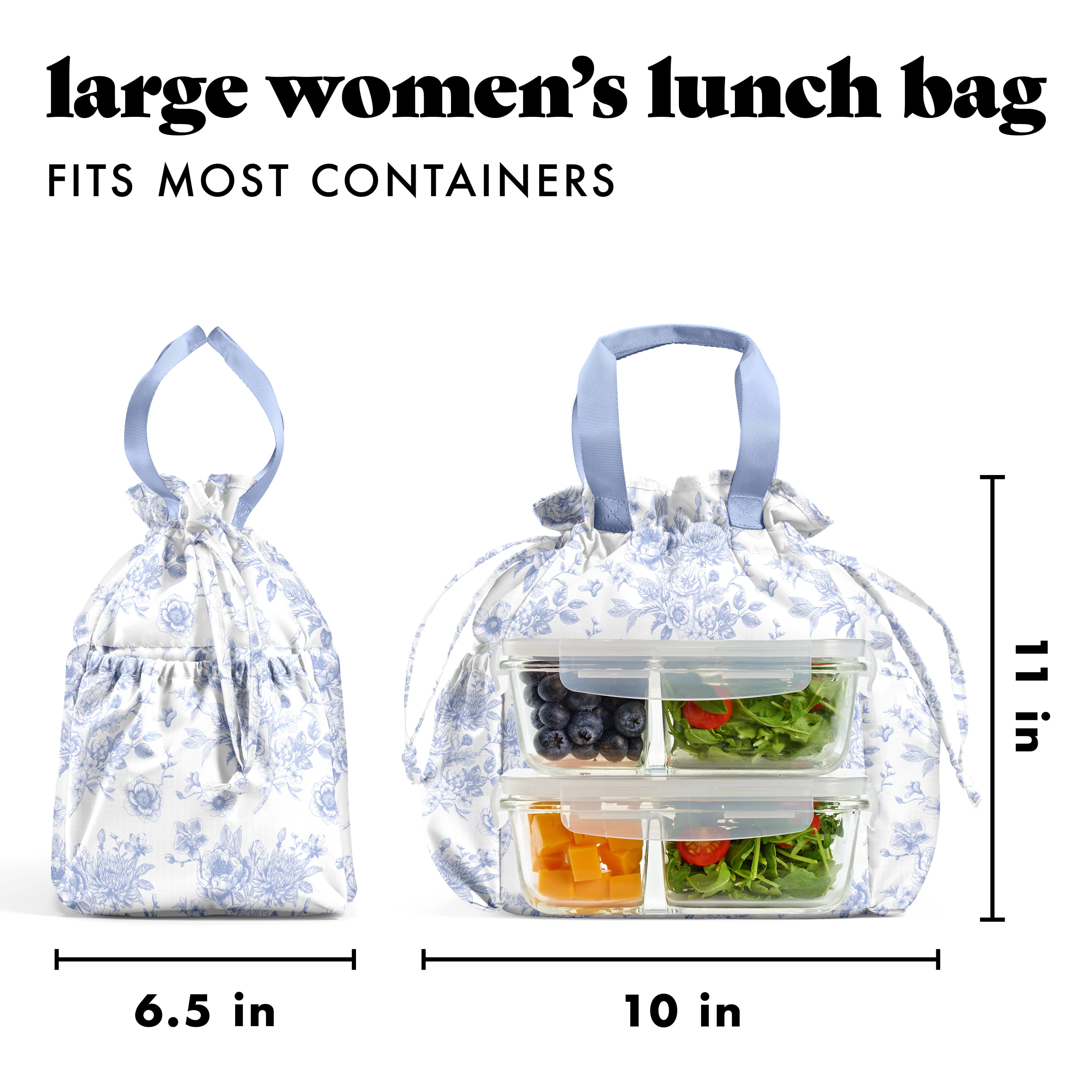 Fit + Fresh Cromwell Women's Lunch Bag, Cinch Closure Lunch Box With Containers, Cornflower Toile