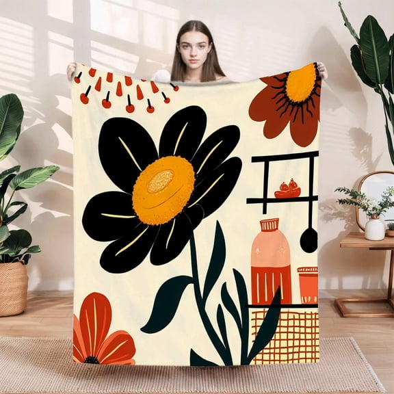 Stylish Retro Floral Flannel Blanket - Durable Soft & Warm Cozy Throw for Sofa Travel Bed & Chair - Perfect for Any Decor