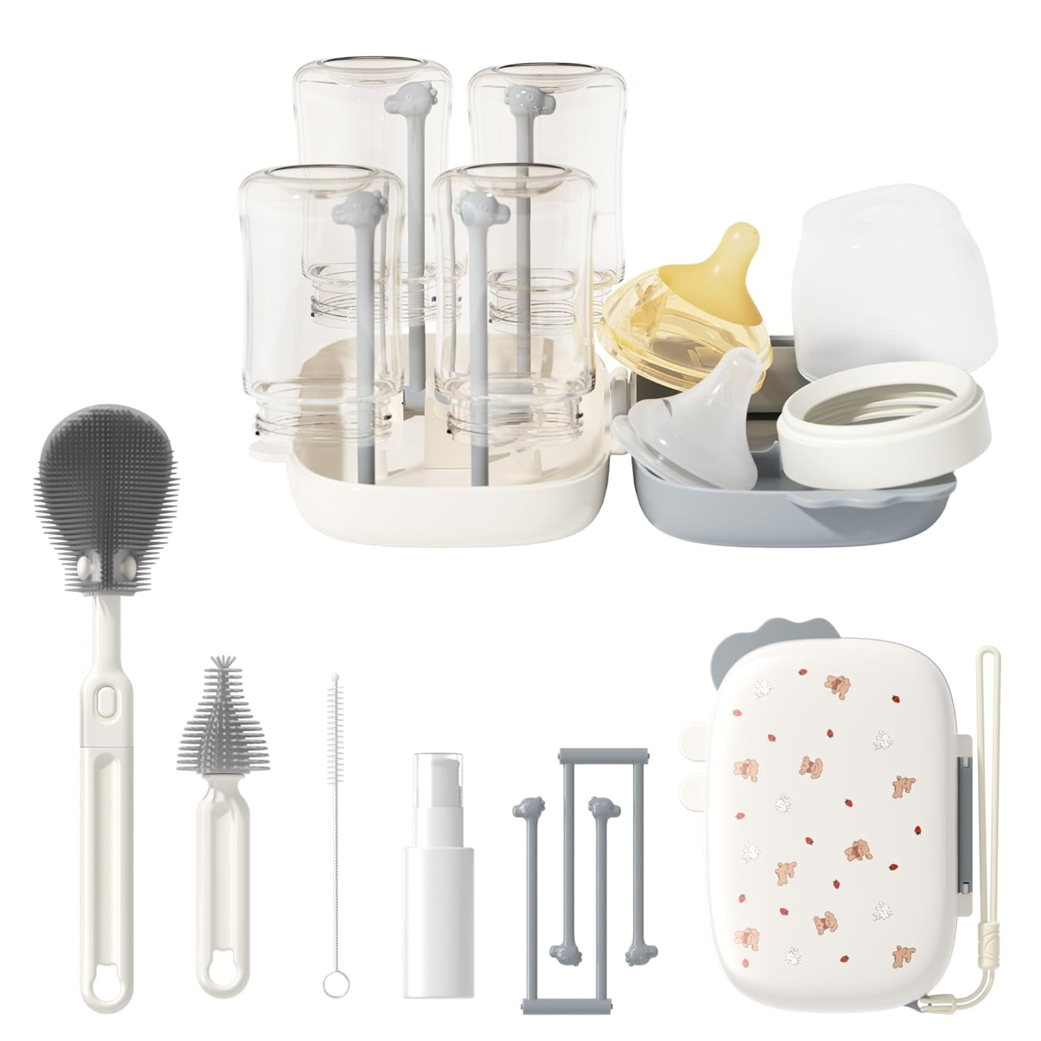 YMWVH 6-in-1 Travel Baby Bottle Cleaning Kit - TPE & Silicone Brush Set with Drying Rack, Soap Dispenser
