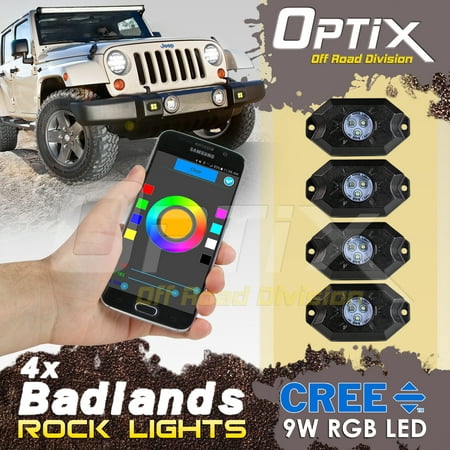 Optix Universal 4pcs RGB with Bluetooth Phone App Control Premium LED Rock Light Pods for ATV SUV Off-Road Truck Boat Jeep Wrangler Underbody Wheel Well Lamp interior Exterior Waterproof