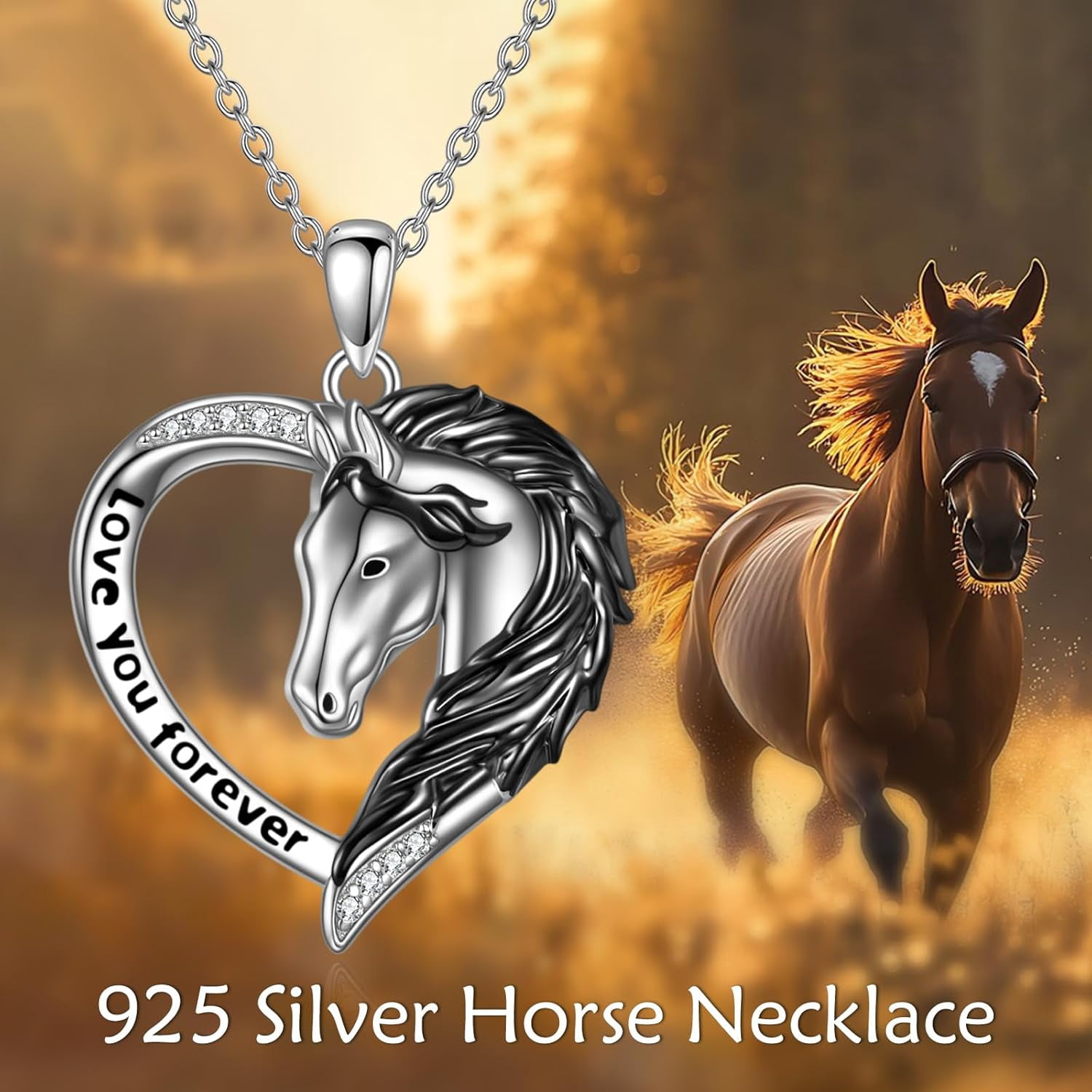 Black Horse Necklaces for Women Sterling Silver Horse Heart Pendant Jewelry for Equestrian and Horse Lovers Gifts