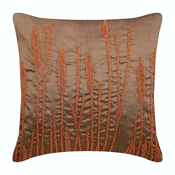 Cushion Covers For Chairs, Rust European Pillow Shams 26x26 inch (65x65 cm), Silk Euro Shams, Nature & Floral, Beaded, Contemporary Euro Pillow Covers - Rusted Beauty