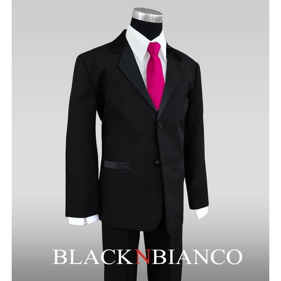 Formal Tuxedo Dress Suit in black with a Fuchsia Long Neck Tie