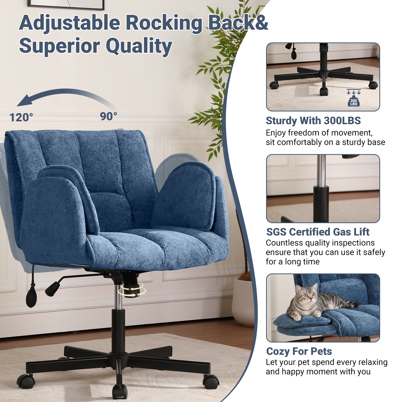 Criss Cross Office Chair with 6-Level Folding Arms and Wheels, Ergonomic Fabric Cross Legged Chair with Dynamic Lumbar Support, Plus Size Swivel Vanity Chair for Home Office, Living Room, Makeup