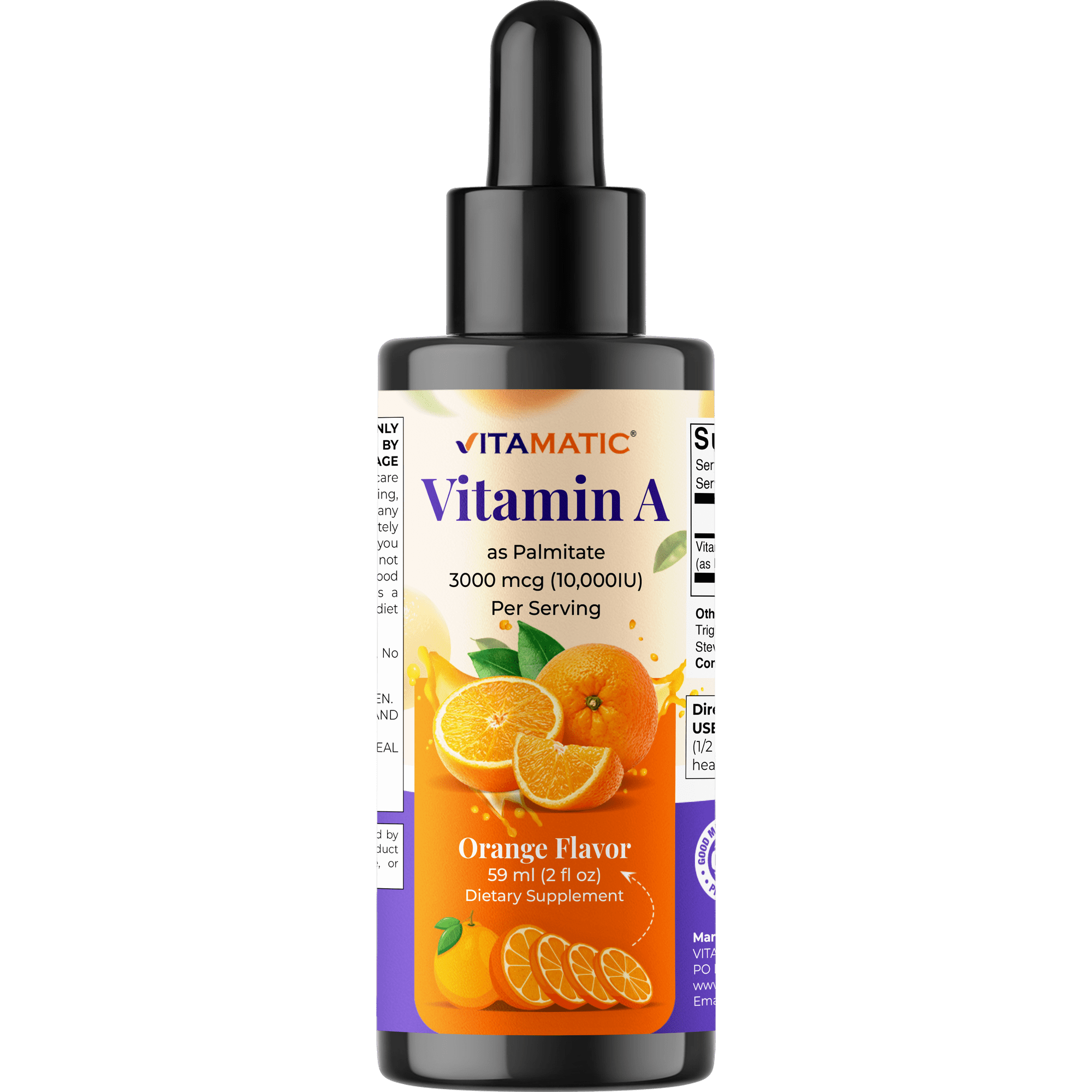 Vitamatic Sugar Free Vitamin A Liquid Drops 10000 IU (3000 mcg) as Retinyl Palmitate - Approximate 4 Months Supply - Immune Support, Eye Health, Skin Health - 2 FL OZ (59 ml)