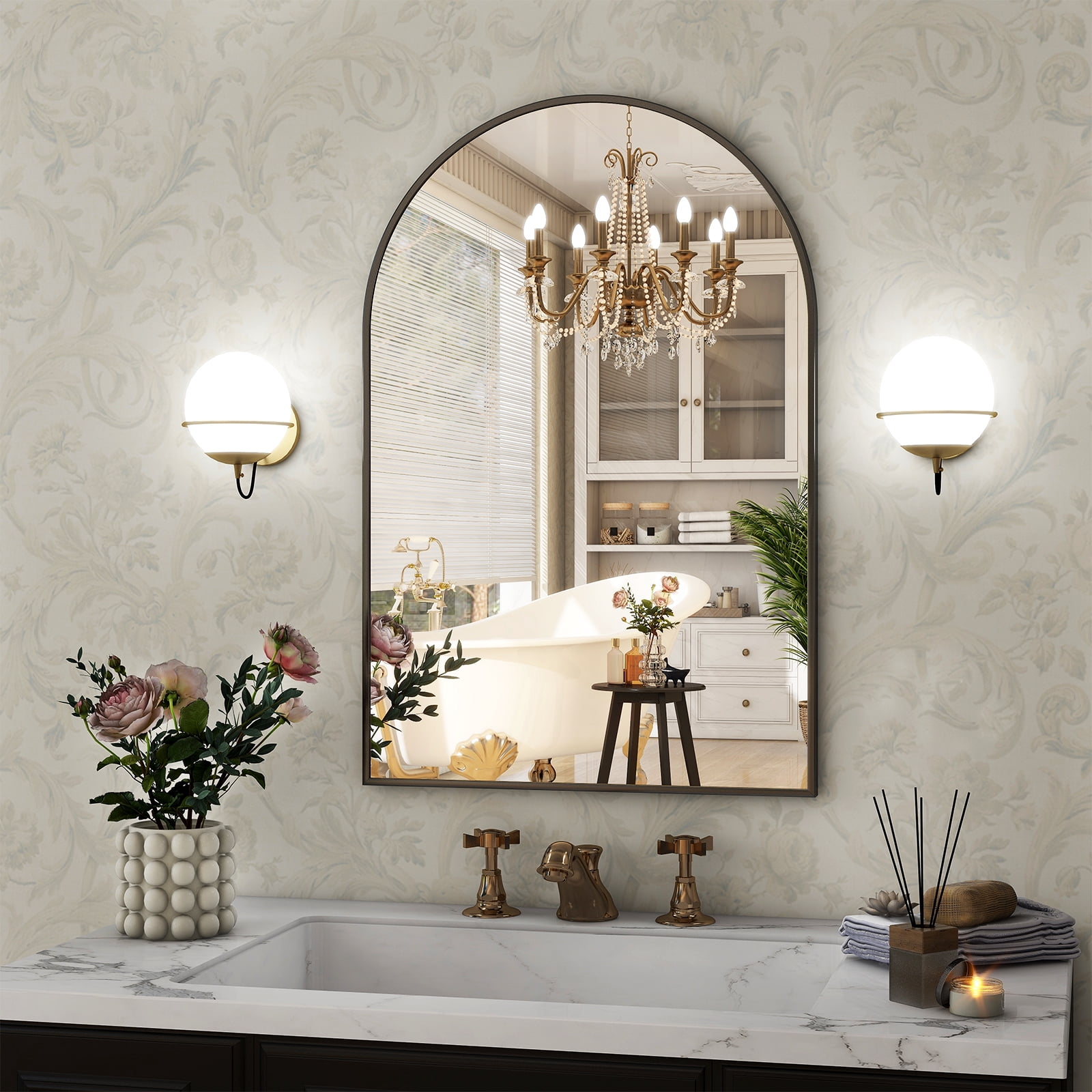 AUROMIR 16"x24" Arched Bathroom Mirror Vanity Wall Mounted Mirror, Black