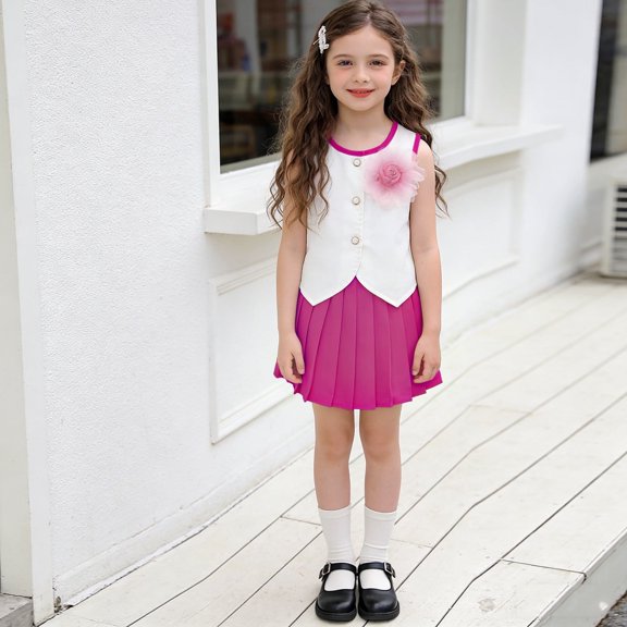 Girls 2 Piece Outfits Sleeveless Button Down Round Neck Top with Pleated A-Line Skirts Cute Preppy Style Sets Hot Pink 2-3 Years
