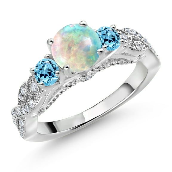 Gem Stone King 925 Sterling Silver White Simulated Opal Swiss Blue Topaz and White Moissanite Engagement Ring for Women (0.87 Cttw, Gemstone October Birthstone, Round Cabochon 6MM and 3MM, Size 7)