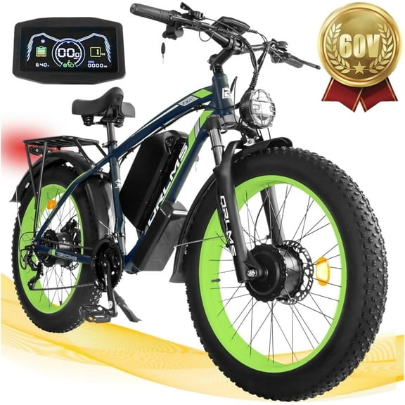 5000W (Peak) Electric-Bike, 60V 25AH Battery Electric Bike for Adults, Dual-Motor-Ebike 50MPH Ebike, 26*4.0 Fat Tire Ebike, AWD 21-Speed E-Mountain Bicycle for Off-Road Snow Sand UL 2849