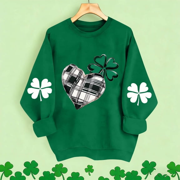 St. Patrick's Day Sweatshirt for Women Clover Heart Graphic Crewneck Long Sleeve Loose Fit Soft Breathable Festival Apparel Holiday Party Gift