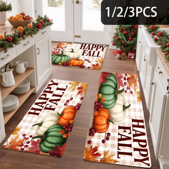 3PCS Kitchen Mat set, Welcome Door Flannel Rug,Home Decor for Front Door,Kitchen, Bathroom, Happy Fall Pumpkin Gourds Berries ,Great gift for Family and Friends.