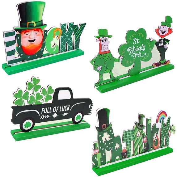 4 Pieces St. Patrick’s Day Table Sign Decoration, Irish Party Desktop Ornaments Gnome Table Sign Shamrock Leprechaun Lucky Table Topper, St Patricks Day Centerpieces for Table