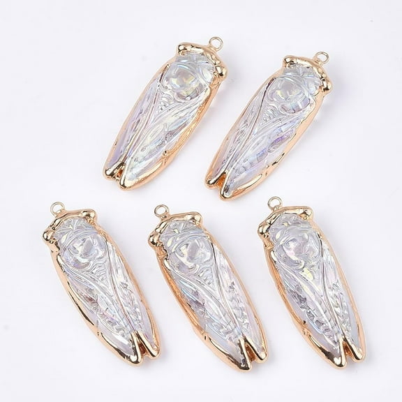 Electroplate Glass Big Pendants with Iron Findings AB Color Cicada Golden Clear AB 53~55x18~19x13mm Hole: 2.5mm