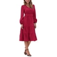 thumbnail image 2 of Vestido Midi Casual Elegante de Manga Larga con Volantes y Cuello en V para Mujeres XS Rojo Oscuro, 2 of 6