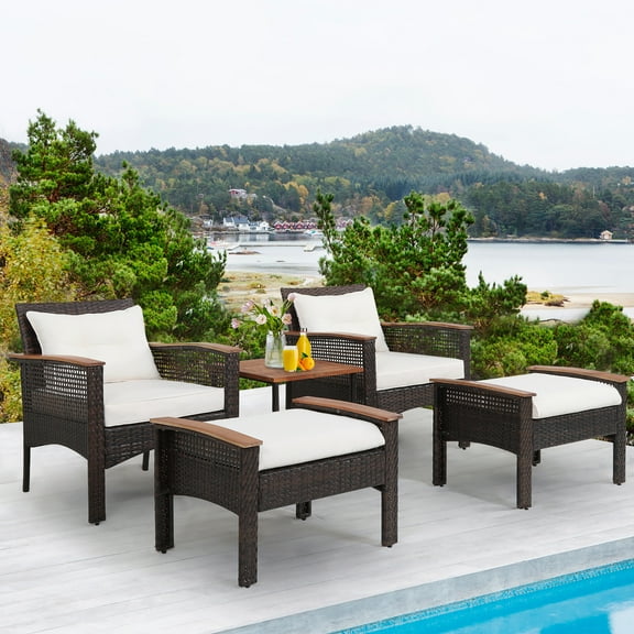 Gymax 5 PCS Patio Rattan Sofa Set Outdoor Wicker Conversation Set w/ Coffee Table & Cushion