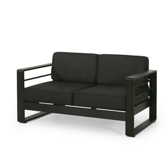 GDF Studio Gadd Outdoor Aluminum Loveseat with Cushions, Black, Dark Gray