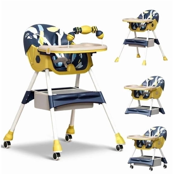LHUAI, Foldable Baby High Chair, 4 in 1 Convertible High Chairs, With 5-Point Safety Harness, Adjustable Dining Tray & Backrest & Height, Easy To Clean Surface, For Babies And Toddlers, Yellow