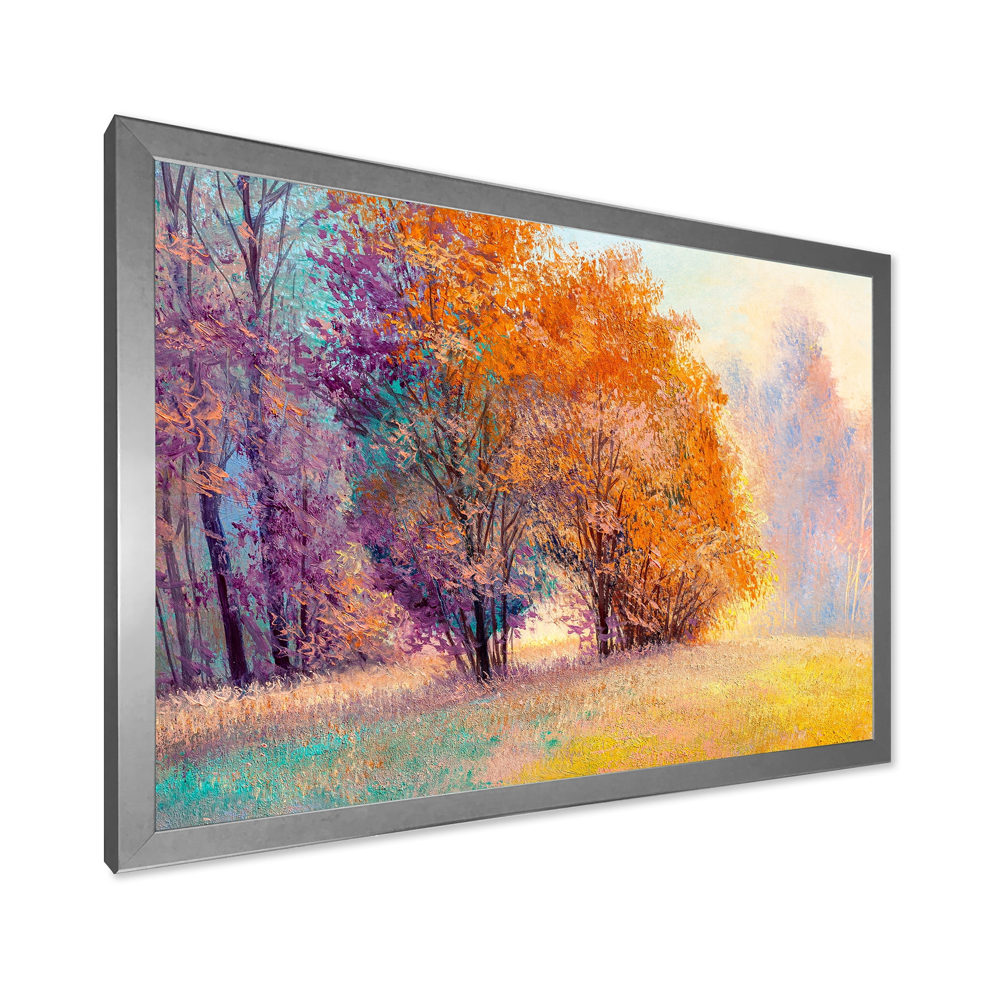 Designart 'Autumn Forest Orange Leaves Landscape' Lake House Framed Art Print