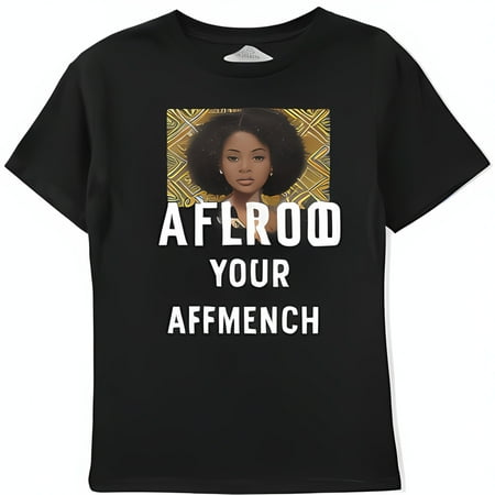 AFROtrie Black T-Shirt Empowering Afrocentric Woman Design Hyper Realistic Artwork Gold Jewelry Unique Text  external your Arymzench  T-Shirt