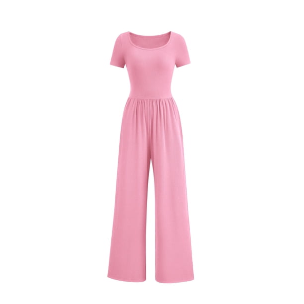 Mono Enterizo PRETTYGARDEN de Verano para Mujer Cuello Cuadrado Pierna Ancha Rosa Talla L