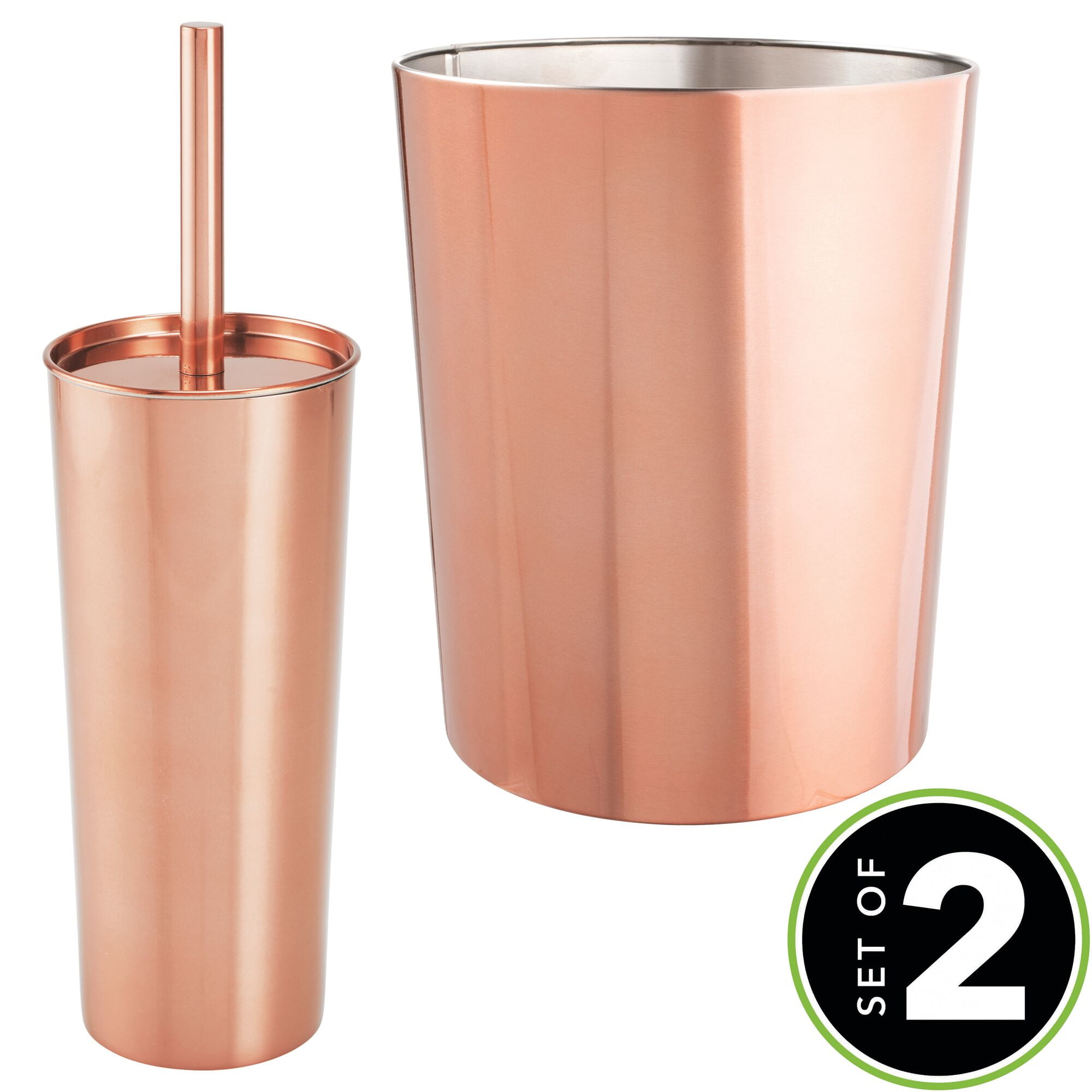 mDesign 2 Piece Plastic Bathroom Set, Bowl Brush and Trash Can - Rose Gold