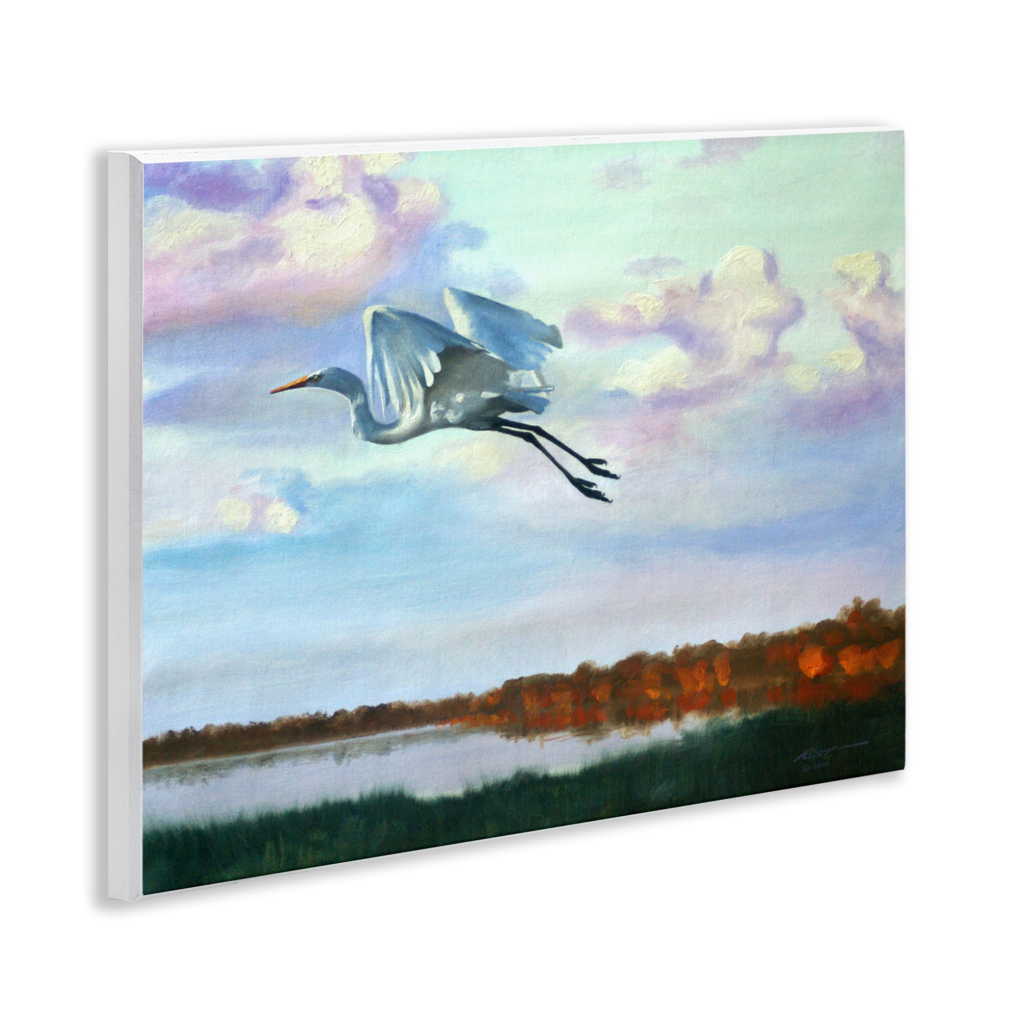 Stupell Industries Egret Over Lake Shore Landscape Painting Unframed Art Print Wall Art, 14 x 11