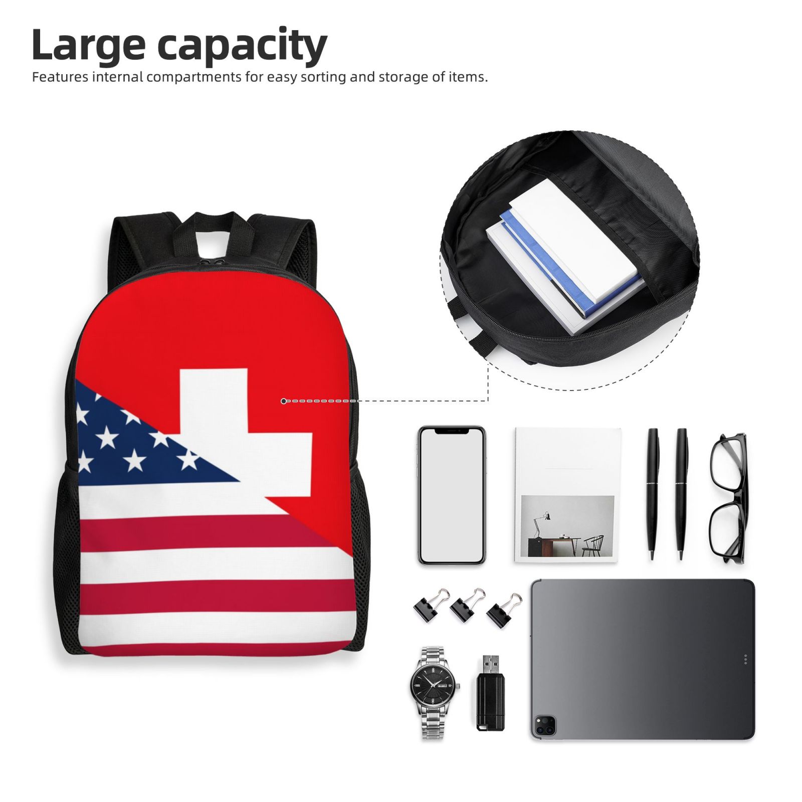 Xecao USA Switzerland Print School Backpack with Laptop Compartment Small Travel Laptop Backpack for Women Men Waterproof College Backpack Simple School Bag