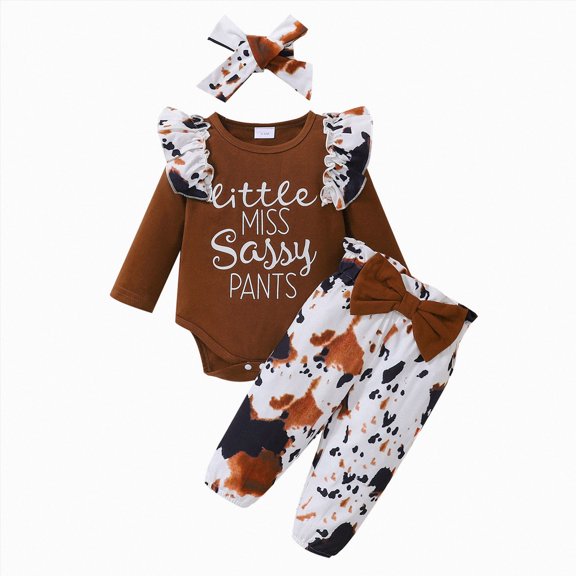 NLOMOCT Long Sleeve Romper 3 Pcs Newborn Baby Girl Fall Outfits Infant Rompers Pants Set Long Sleeve Jumpsuit Fall Winter Outfit Sets Brown,18-24 Months