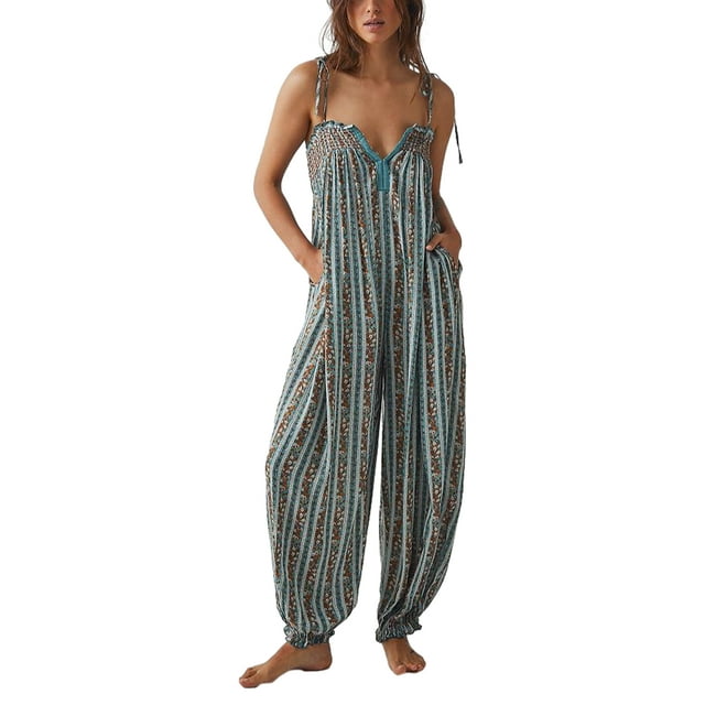Wangscanis Combinaisons d'Été pour Femmes à Imprimé Floral Rétro, Bretelles Spaghetti, Sans Manches, Longues, Mode Ample