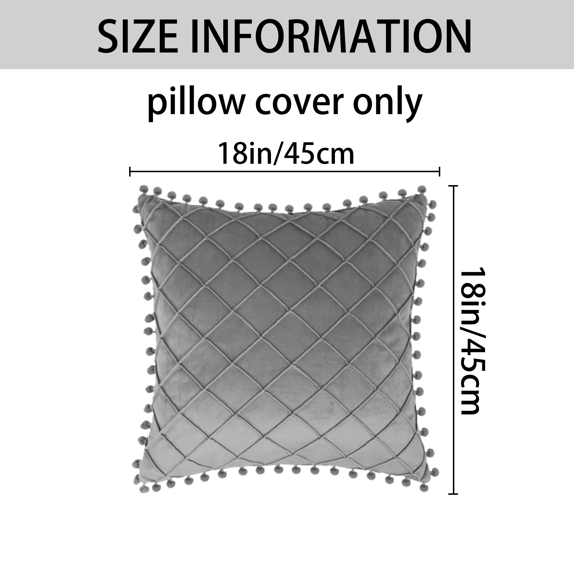 Unique Bargains Soft Pom-poms Velvet Throw Pillow Covers Grey 18" x 18"