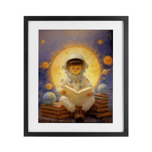 Astronaut Child Learning Black Framed Print Under Glass, design by Angie Hawke