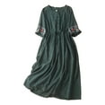 thumbnail image 2 of QUINDOS Dresses for Women Casual V-neck Shirt Dress Long Sleeve Sun Dresses Summer Embroidery Print Waist Tie Cotton Linen Midi Long Dresses for Women, 2 of 7